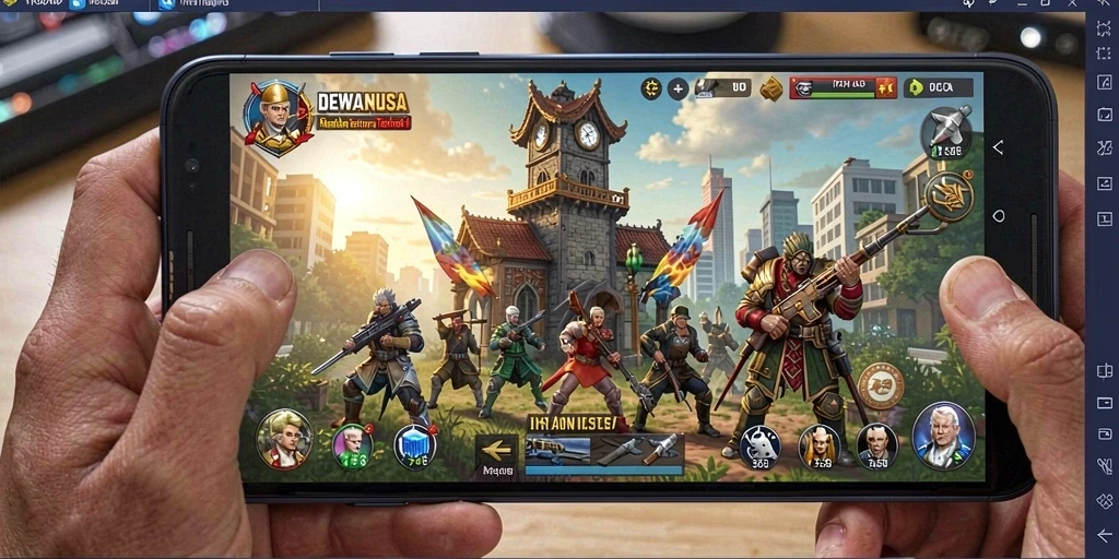 Screenshot DEWANUSA menampilkan aksi menara yang epik dalam pertahanan strategis.