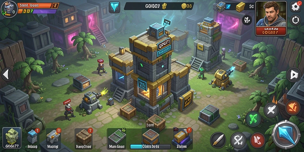Tampilan gameplay GOGO77 dengan menara yang berfungsi melawan musuh.