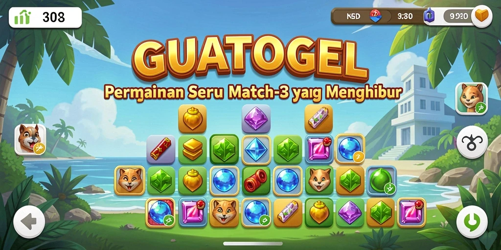 Tampilan gameplay seru GUATOGEL dengan objek berwarna-warni.