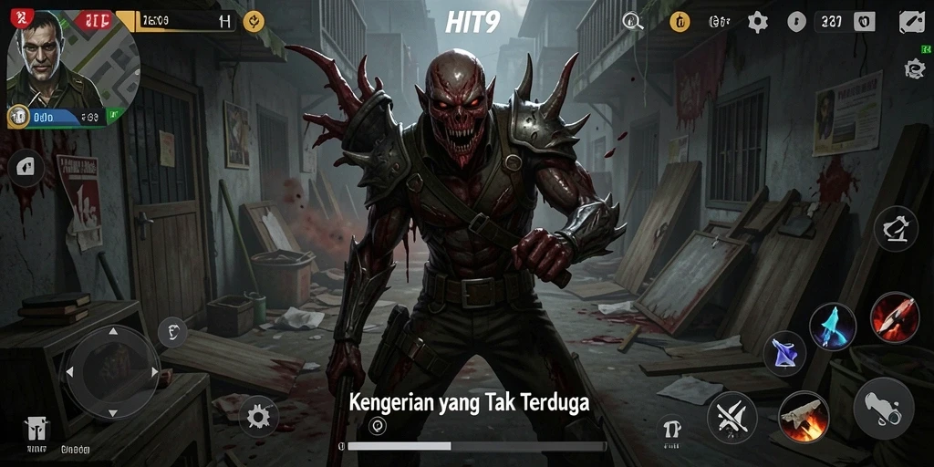 Screenshot gameplay HIT9 yang menampilkan suasana menyeramkan penuh ketegangan.