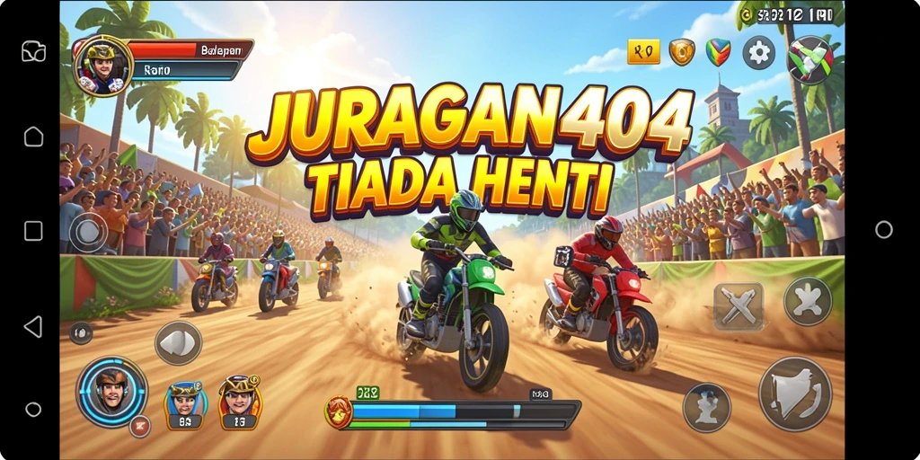 Screenshot dari gameplay JURAGAN404 yang menunjukkan aksi balapan intens.