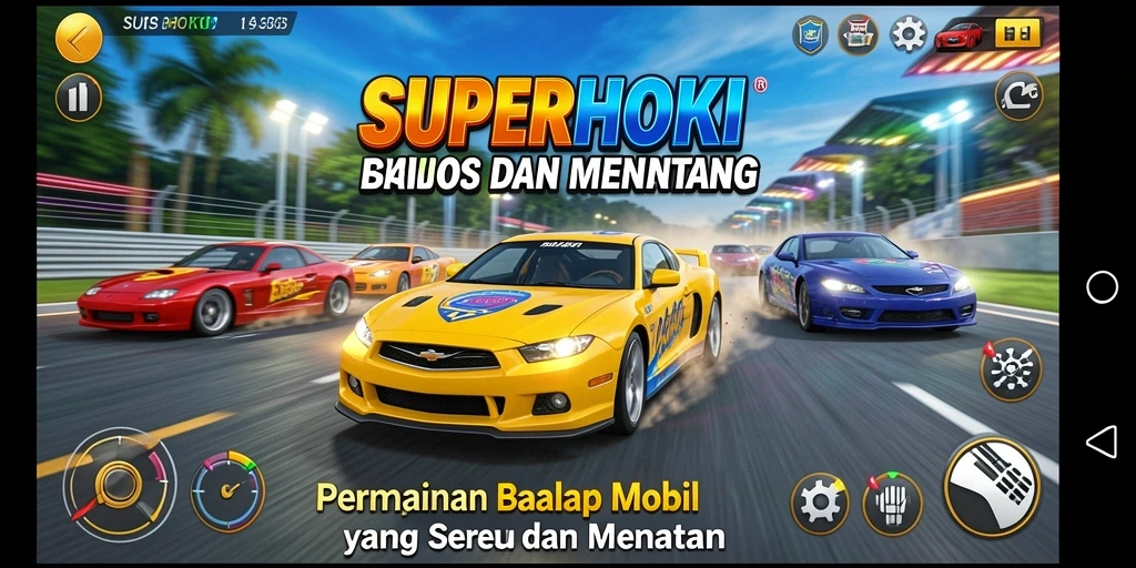 Tampilan gameplay balap mobil SUPERHOKI yang menegangkan dan seru.